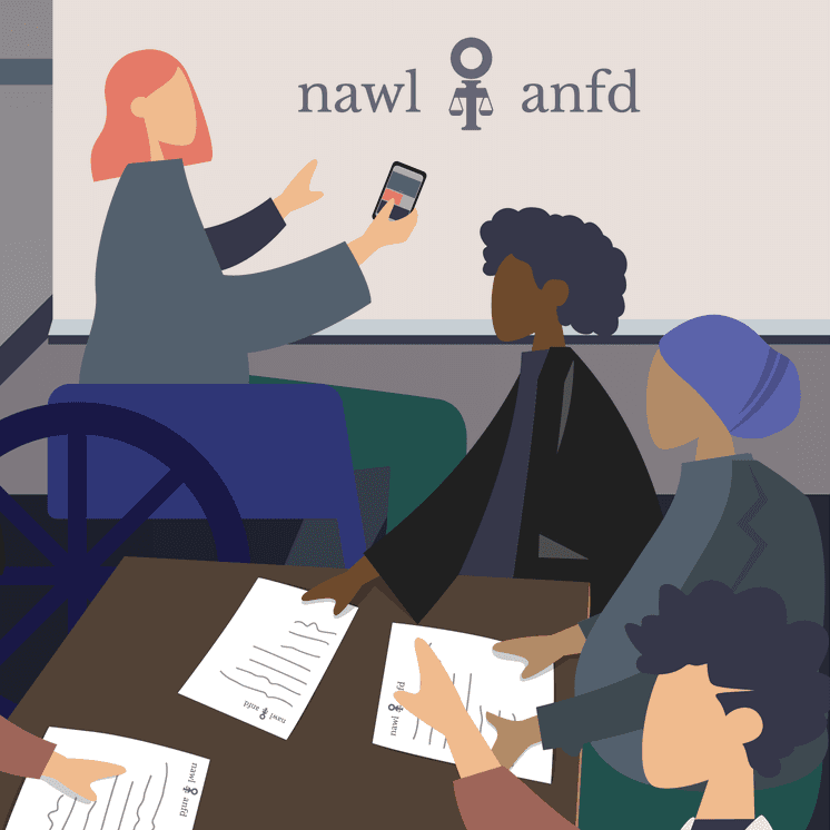 Artwork for one of the course modules, depicting four women lawyers working at a table