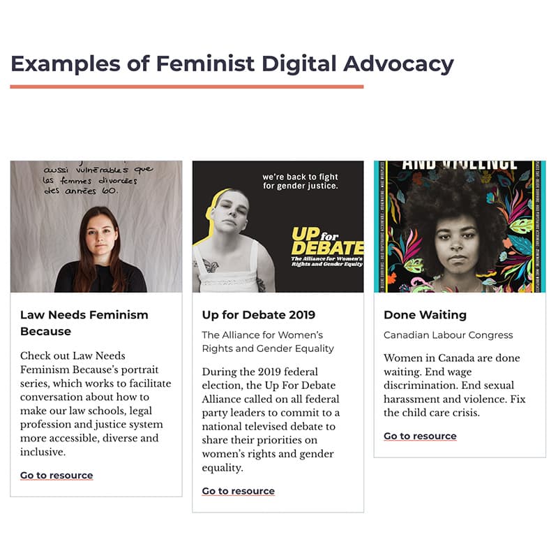 Screenshot of a section of the website with examples of feminist digital advocacy